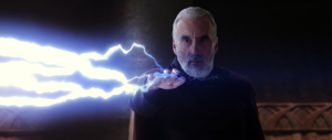 Count Dooku from Star Wars Episode II casting lightning.