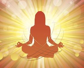 An artistic golden silhouette of a woman in a meditation pose.